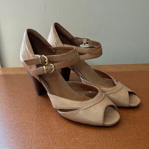 Clarks Beige/Tan Peep-Toe Heels with Double Ankle Strap